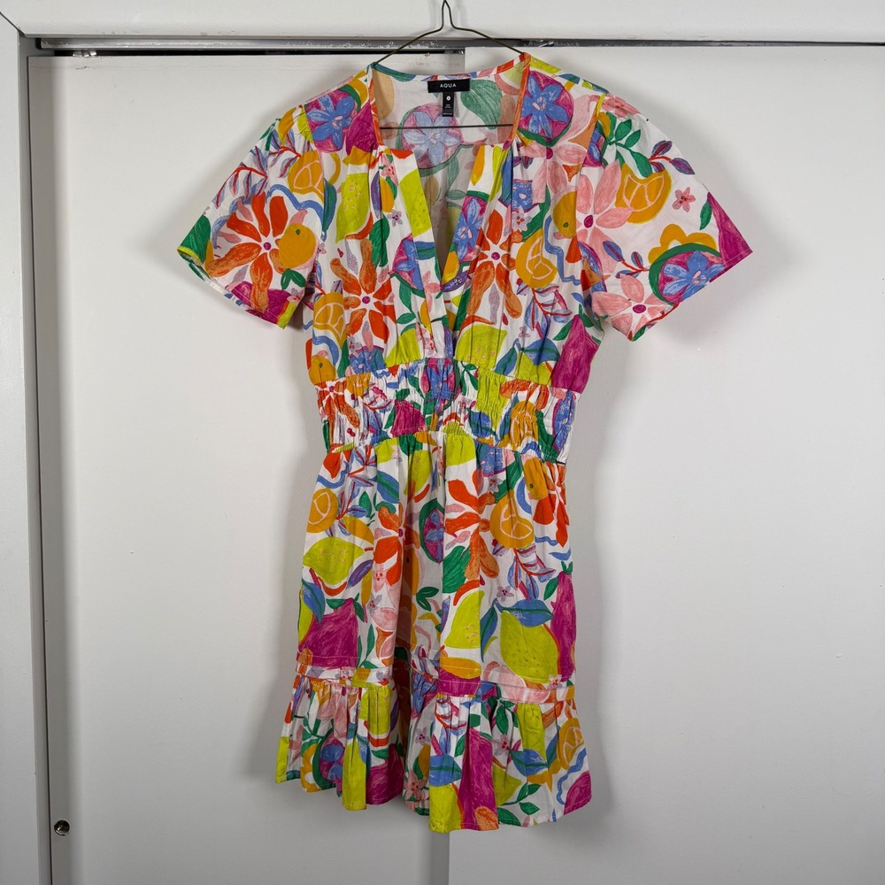 AQUA Fruit Floral Print Cotton Mini Dress Smocked Waist V-Neck Ruffle Hem Sz S